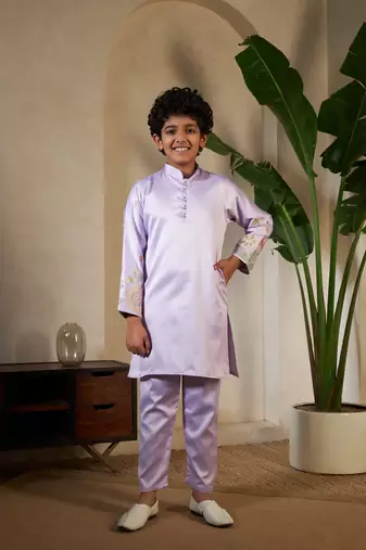 Lavender satin thead with sequins embroidered work wedding function festival party boys straight kurta pant koti