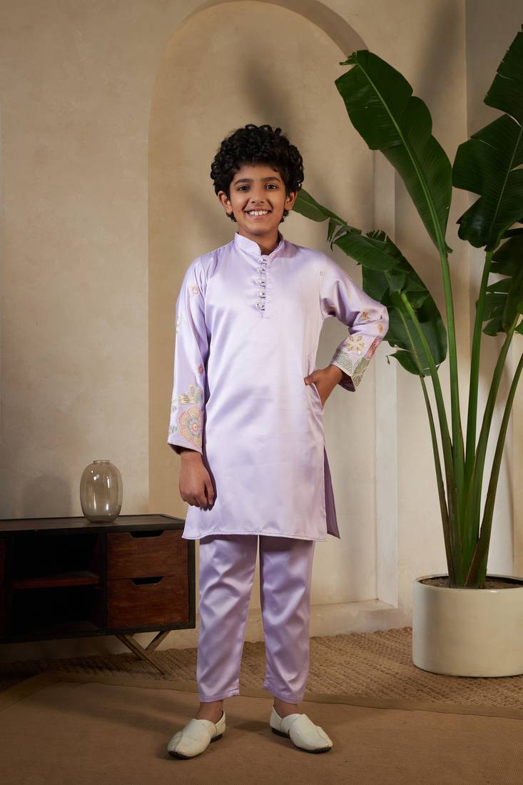 Lavender satin thead with sequins embroidered work wedding function festival party boys straight kurta pant koti