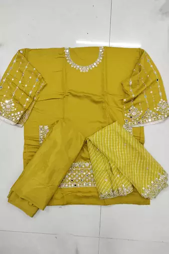 Yellow sequins work roman silk blend patiyala salwar suit