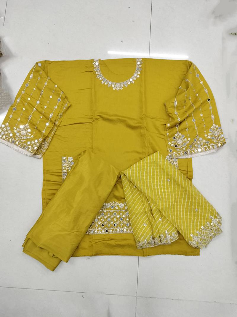 Yellow sequins mirror work roman silk festival patiyala salwar suit
