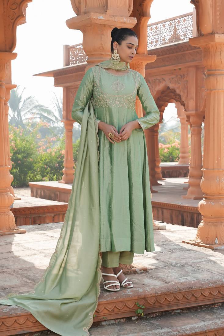 Pista Color Vichitra Silk Fabric Embroidered Partywear Suit
