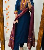 Floral embroidered pure cotton round neck kurta trouser & dupatta set