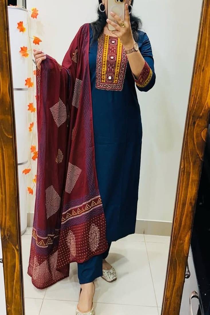 Floral embroidered pure cotton round neck kurta trouser & dupatta set