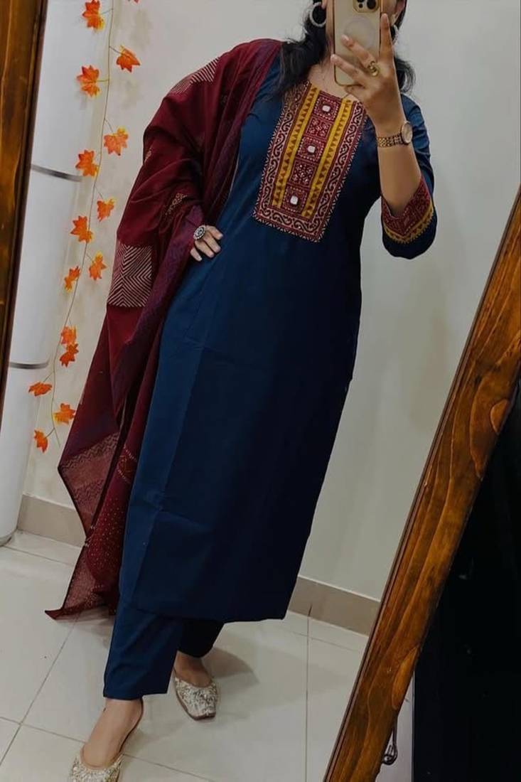 Floral embroidered pure cotton round neck kurta trouser & dupatta set