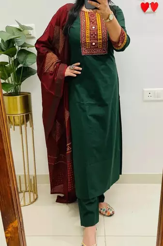 Floral embroidered pure cotton round neck kurta trouser & dupatta set