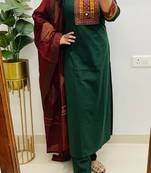 Floral embroidered pure cotton round neck kurta trouser & dupatta set