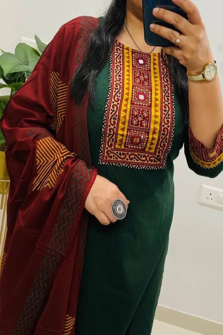 Floral embroidered pure cotton round neck kurta trouser & dupatta set