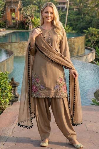 beige crepe suit with sequin embroidery work