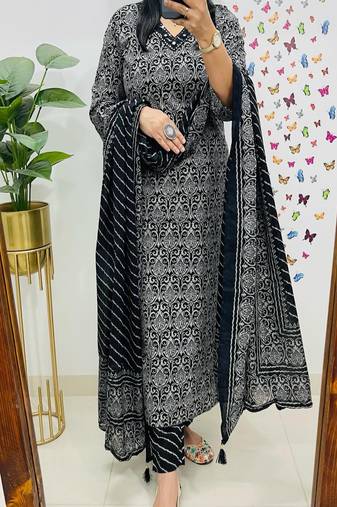 Floral embroidered pure cotton v neck kurta trouser & dupatta set