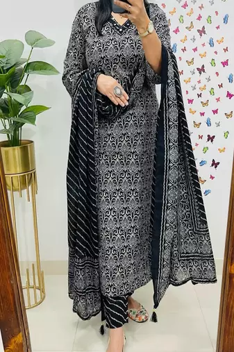 Floral embroidered pure cotton v neck kurta trouser & dupatta set