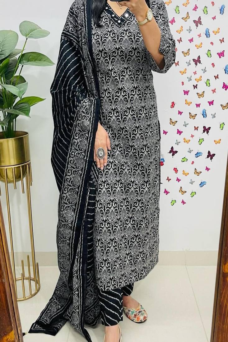 Floral embroidered pure cotton v neck kurta trouser & dupatta set