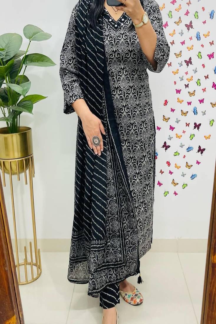 Floral embroidered pure cotton v neck kurta trouser & dupatta set