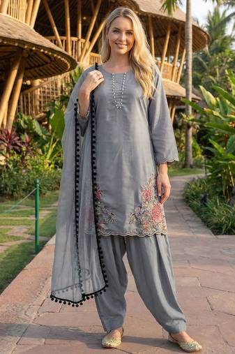 grey crepe suit with sequin embroidery work