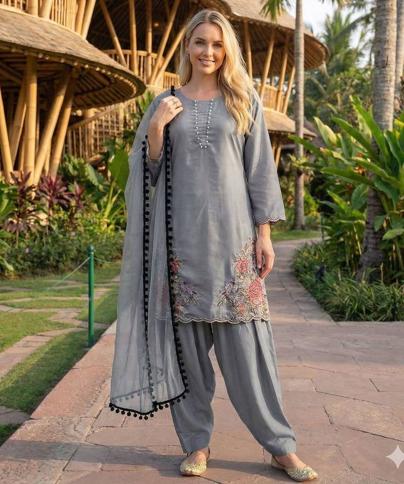 grey crepe suit with sequin embroidery work