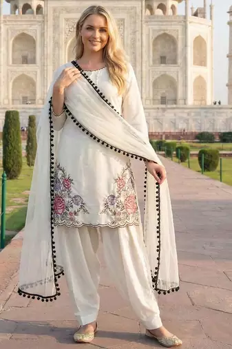 white crepe suit with sequin embroidery work