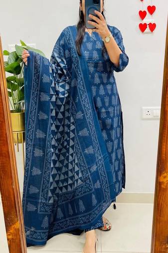 Floral printed pure cotton round neck kurta trouser & dupatta set