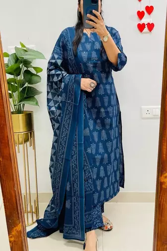 Floral printed  cotton round neck kurta trouser & dupatta set