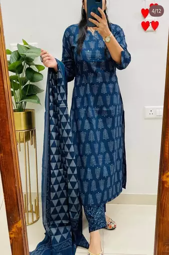 Floral printed  cotton round neck kurta trouser & dupatta set