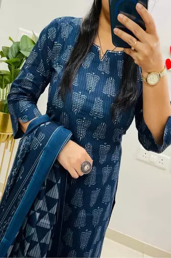 Floral printed  cotton round neck kurta trouser & dupatta set