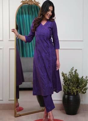 Floral embroidered  cotton v neck kurta trouser set 1