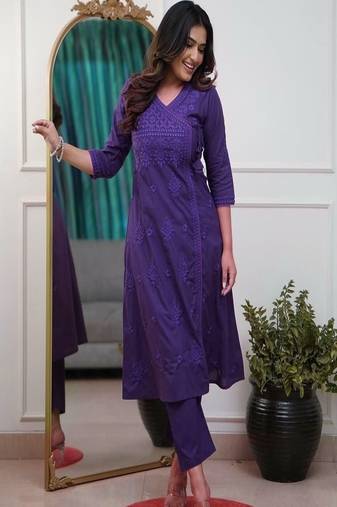 Floral embroidered pure cotton v neck kurta trouser set