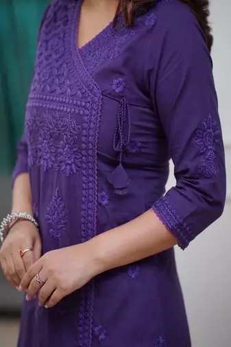 Floral embroidered  cotton v neck kurta trouser set