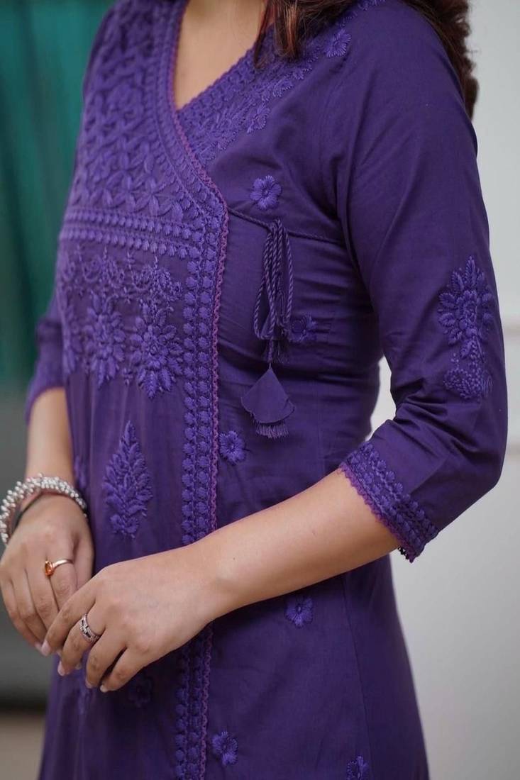 Floral embroidered pure cotton v neck kurta trouser set