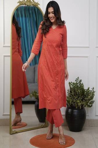 Floral embroidered pure cotton v neck kurta trouser set