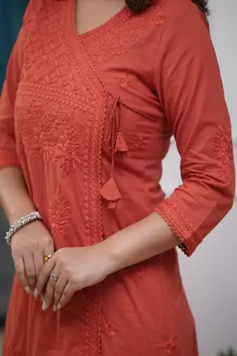 Floral embroidered  cotton v neck kurta trouser set