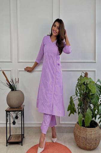 Floral embroidered pure cotton v neck kurta trouser set