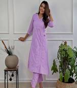 Floral embroidered pure cotton v neck kurta trouser set