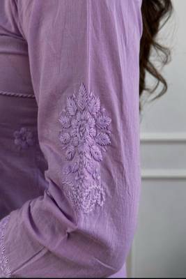 Floral embroidered  cotton v neck kurta trouser set 2