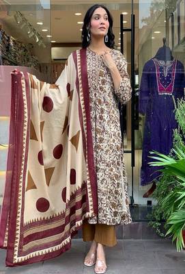 Floral embroidered  cotton round neck kurta trouser & dupatta set 1