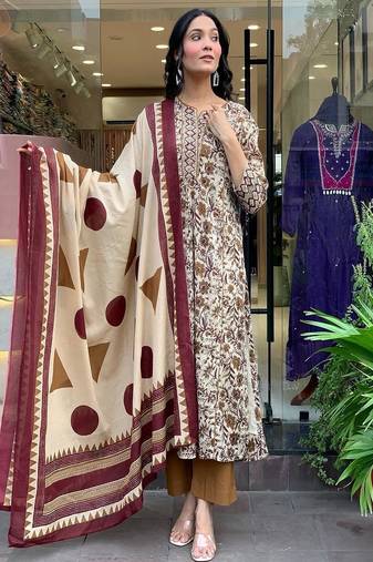 Floral embroidered pure cotton round neck kurta trouser & dupatta set