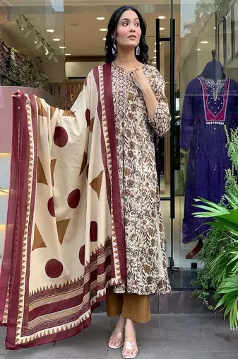 Floral embroidered pure cotton round neck kurta trouser & dupatta set