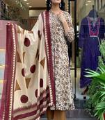 Floral embroidered pure cotton round neck kurta trouser & dupatta set