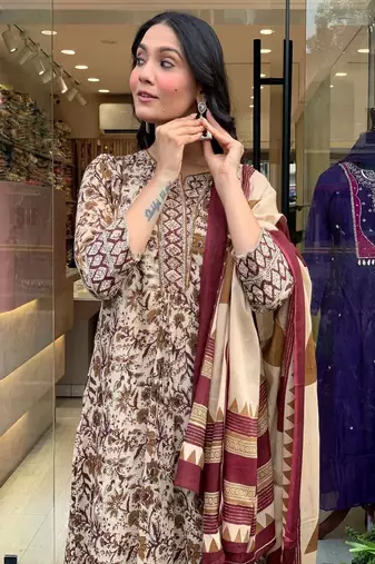 Floral embroidered  cotton round neck kurta trouser & dupatta set