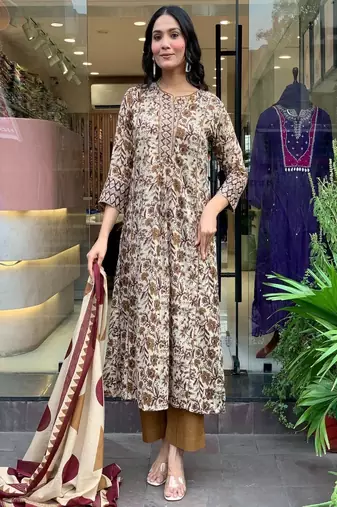 Floral embroidered  cotton round neck kurta trouser & dupatta set