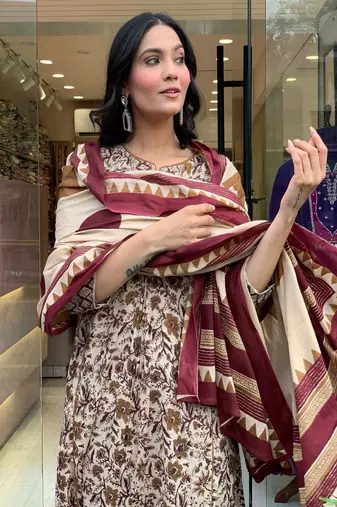 Floral embroidered  cotton round neck kurta trouser & dupatta set