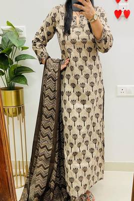 Floral printed  cotton u neck kurta trouser & dupatta set 1