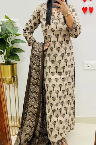 Floral printed pure cotton u neck kurta trouser & dupatta set