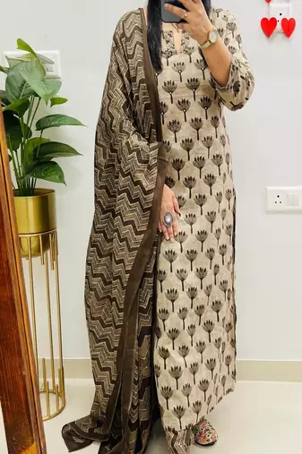 Floral printed  cotton u neck kurta trouser & dupatta set