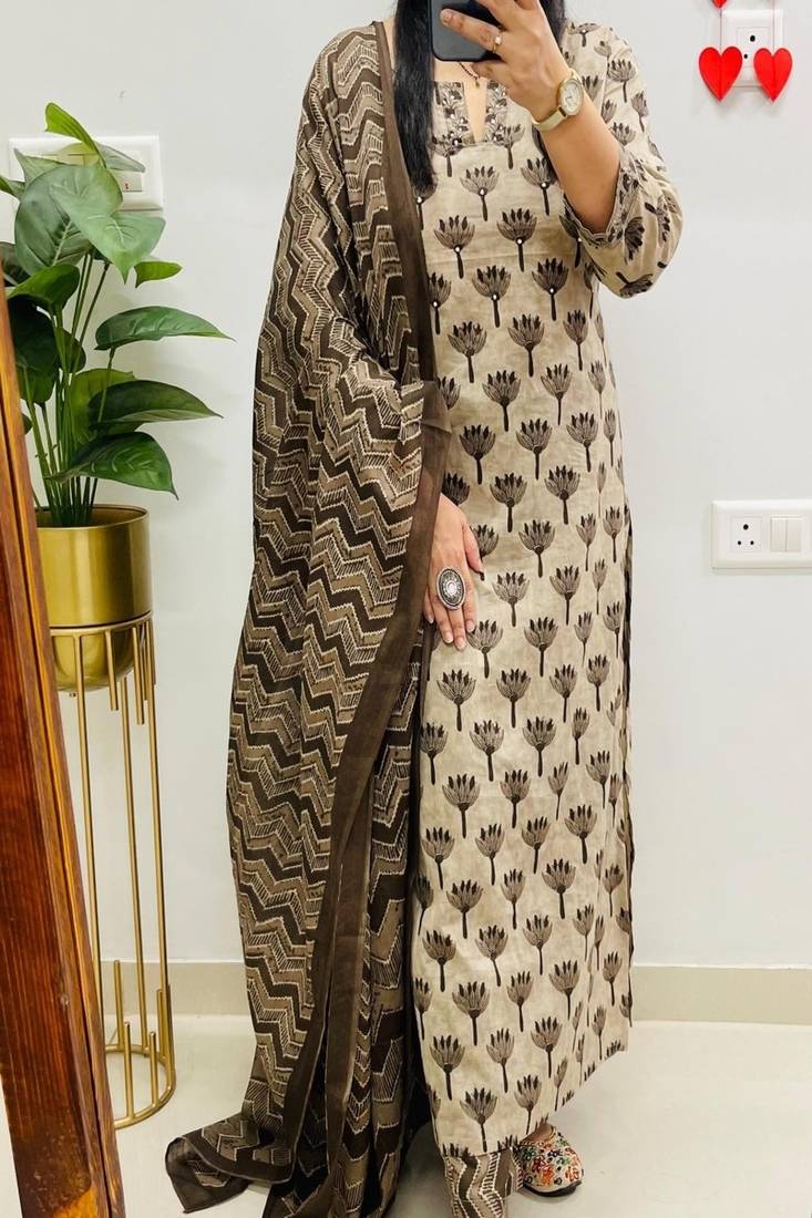 Floral printed pure cotton u neck kurta trouser & dupatta set