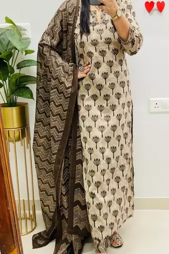 Floral printed  cotton u neck kurta trouser & dupatta set