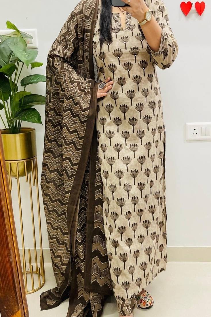 Floral printed pure cotton u neck kurta trouser & dupatta set