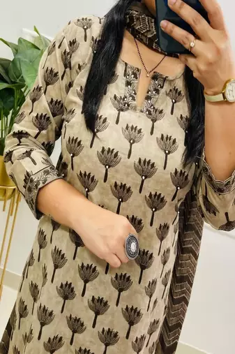 Floral printed  cotton u neck kurta trouser & dupatta set