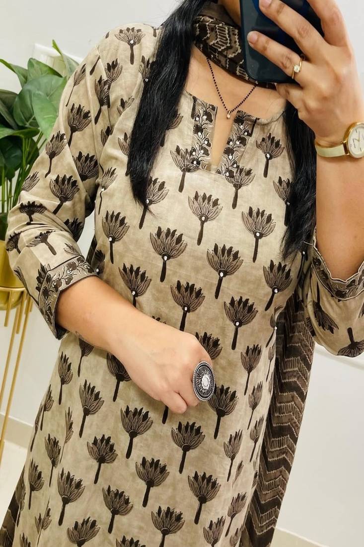 Floral printed pure cotton u neck kurta trouser & dupatta set