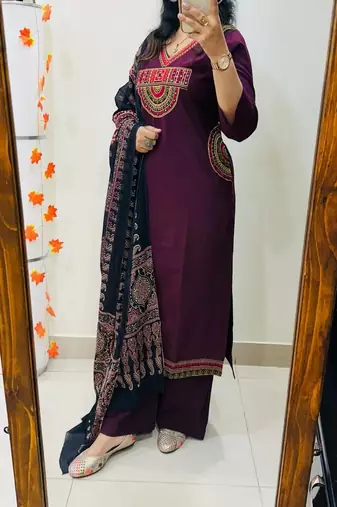 Floral embroidered  cotton v neck kurta trouser & dupatta set