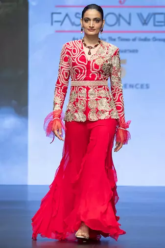 Red embroidered rawsilk sharara set