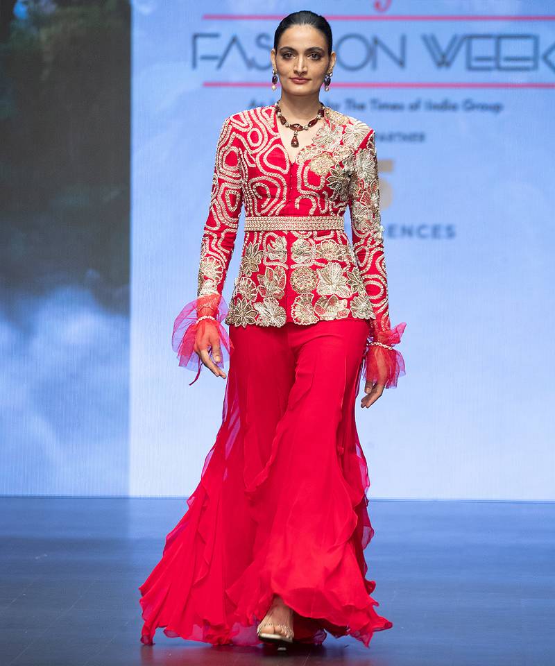 Red embroidered rawsilk sharara set